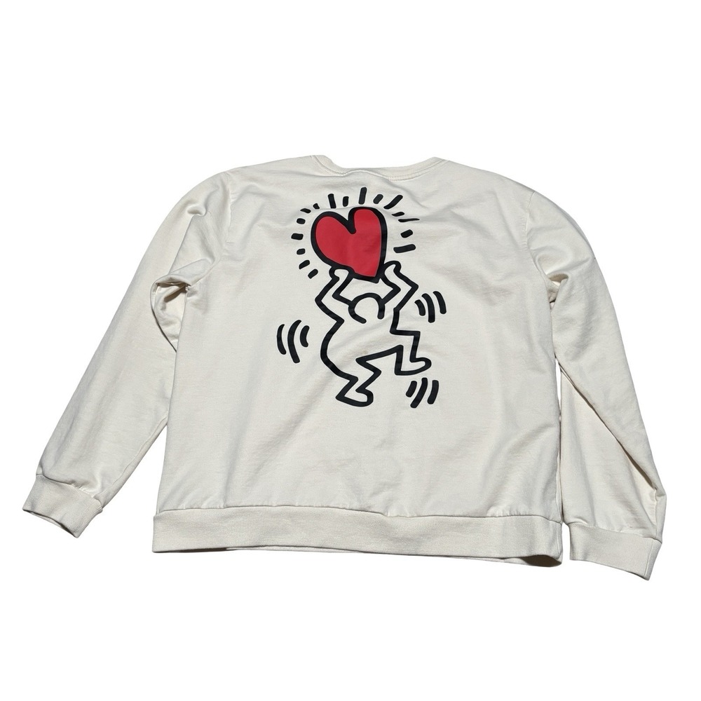 Keith Haring LOVE Heart Graphic Sweatshirt Cream Pullover Top Women's Size XL